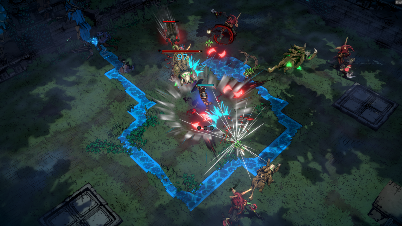 Gameplay shot from SWORN. A Character with a shield deflects attack from dog thing. Other monsters on screen