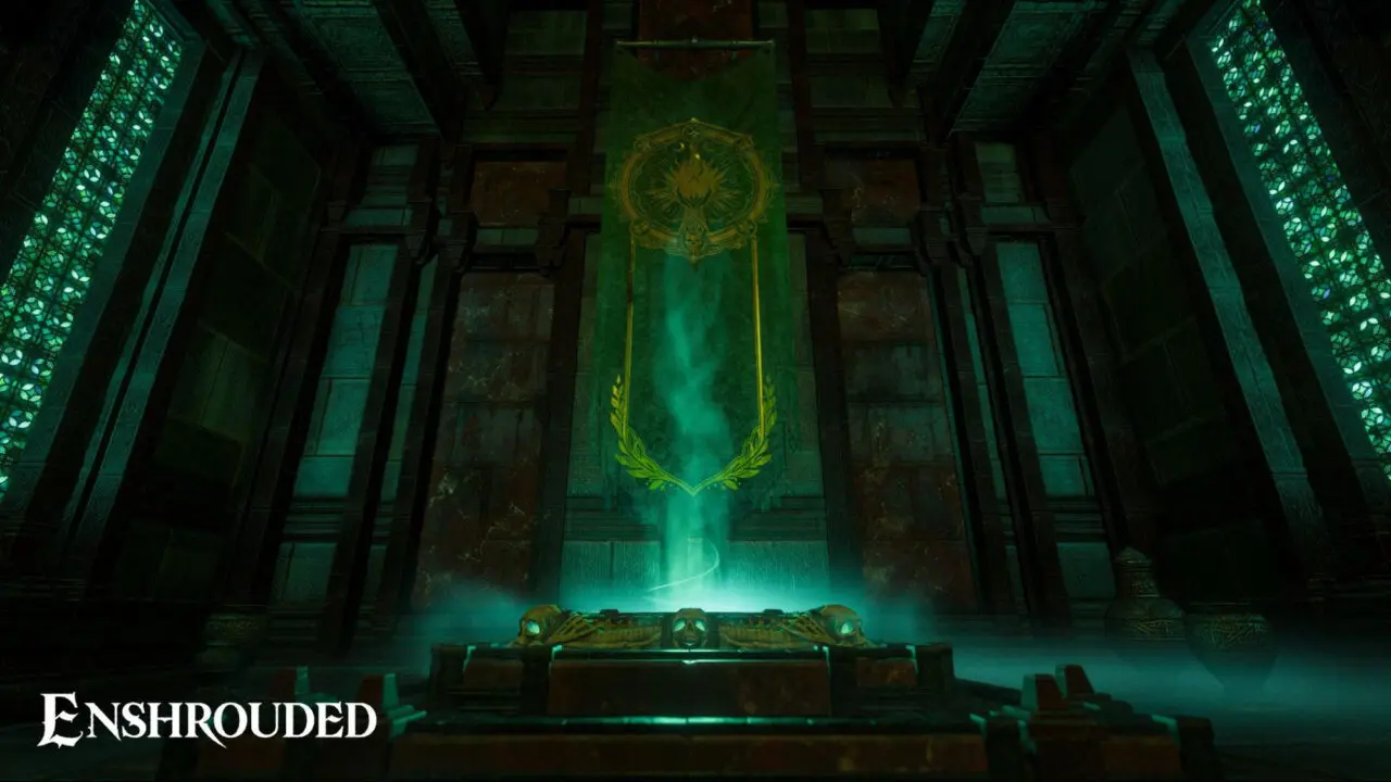 Screenshot from the game Enshrouded. A crypt lit by green light has a creepy light raising from the center