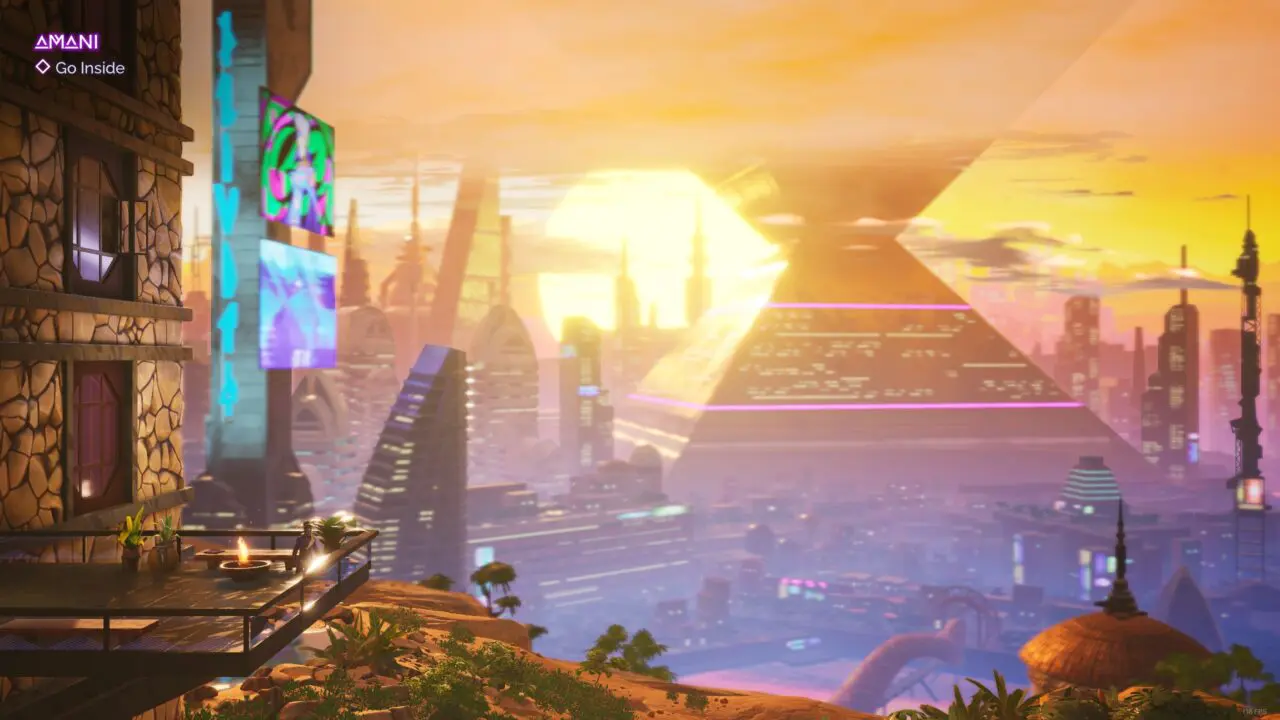 Screenshot from Tales of Kenzera Zau overlooking a backdrop of a city