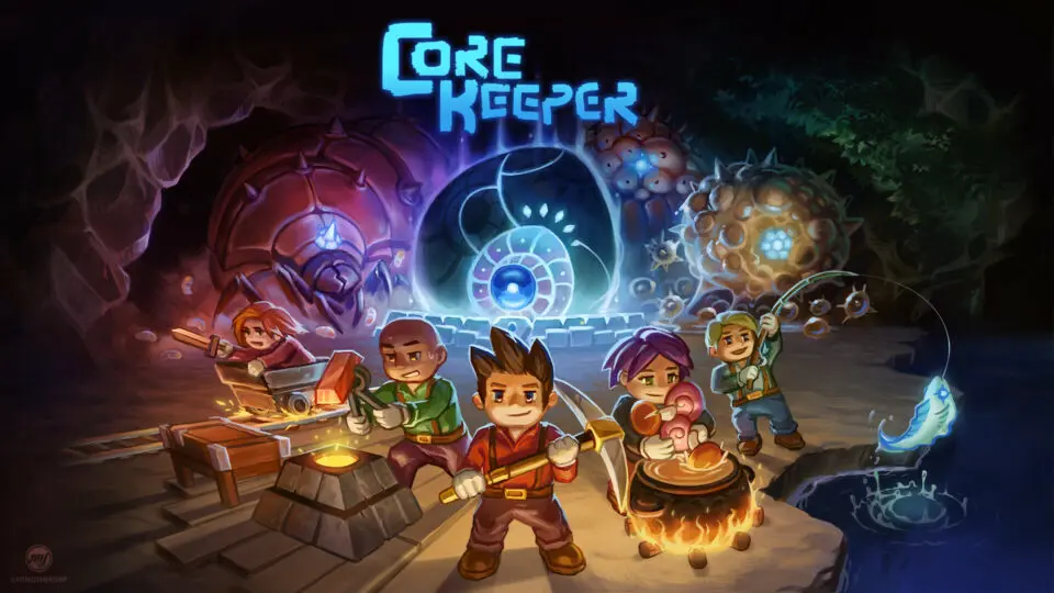 Key Art for Core Keeper showing player characters with different biomes in the background
