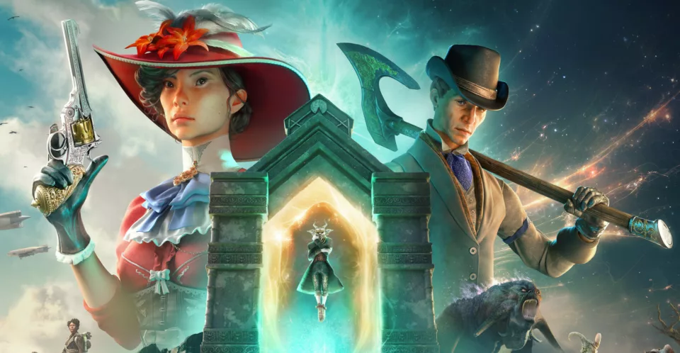 Key Art for Nightingale featuring a lady holding a gun on the left, and a man holding an axe on the right, a glowing portal sits in the center.