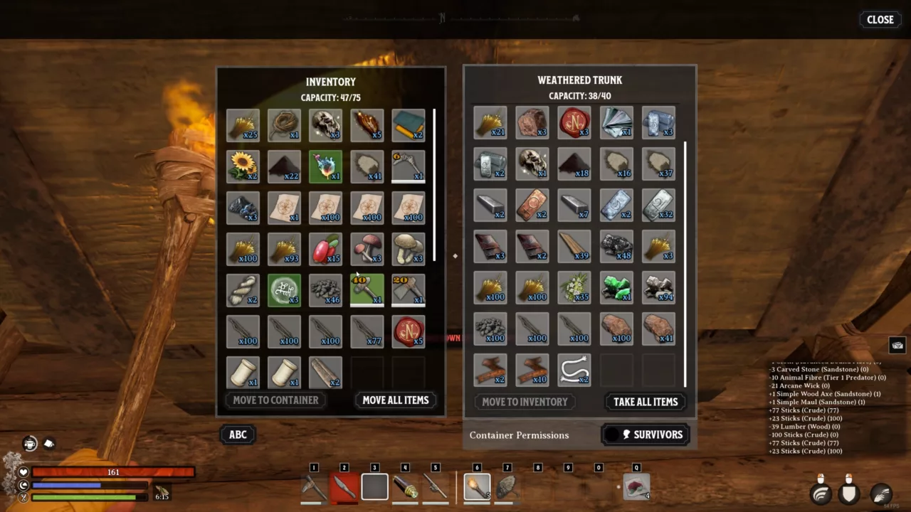 Nightingale screenshot showing inventory and storage system