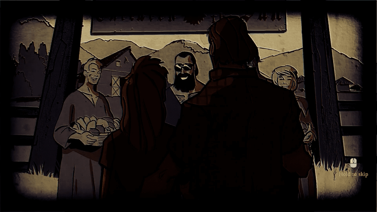 Image from cutscene, A cult leader welcomes two people with their backs to the camera