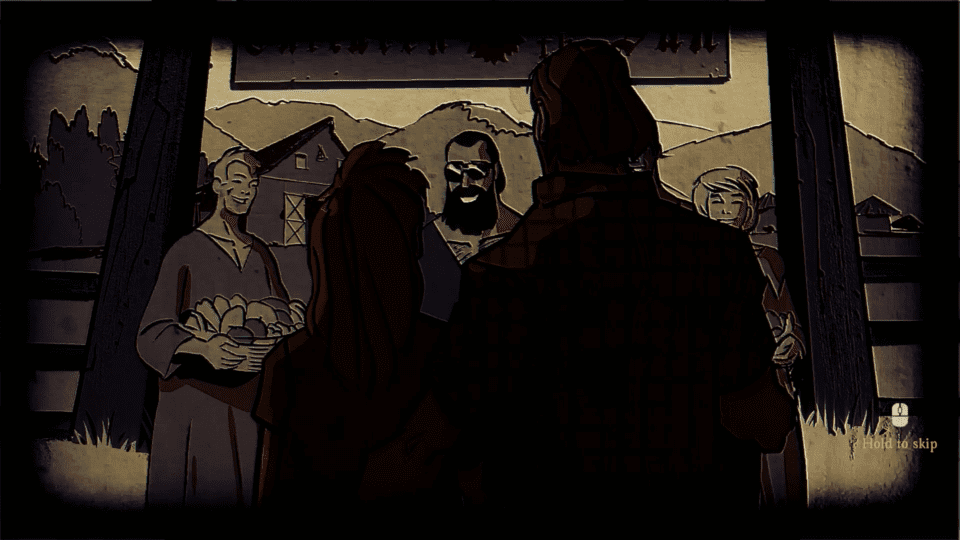 Image from cutscene, A cult leader welcomes two people with their backs to the camera