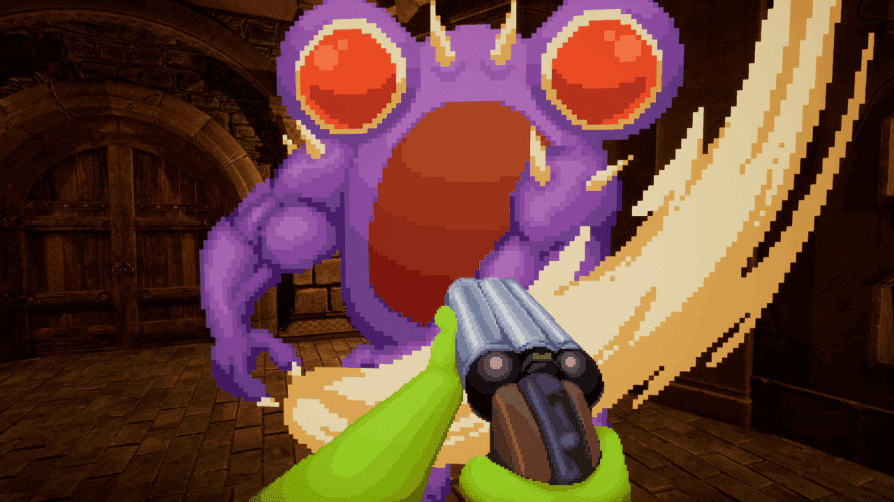 The main character holding a shotgun aimed at a purple frog enemy
