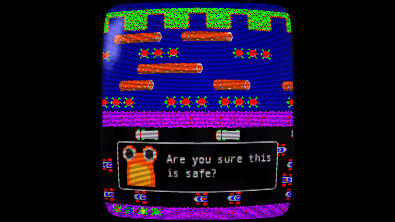 An image in pixel art of a Frog wanting to cross a busy road and asking "Are you sure this is safe?"